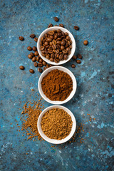 Roasted beans and ground coffee for morning espresso