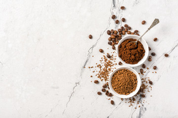 Roasted beans and ground coffee for morning espresso