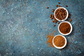 Roasted beans and ground coffee for morning espresso