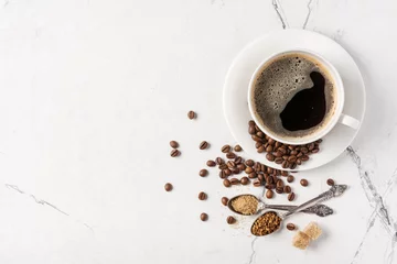 Küchenrückwand glas motiv Cafe Morgens schwarzer Kaffee mit Zucker in weißer Tasse
