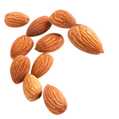 almond raw piece fly almond full macro shoot nuts healthy food ingredient on white isolated .Clipping path