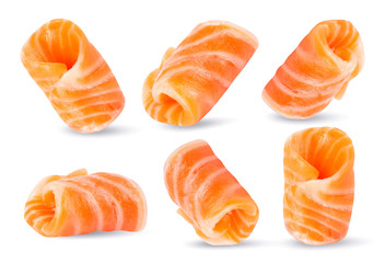 Salmon slices ingredient for sushi Salmon Clipping Path on white isolated .Image stack Full depth of field macro