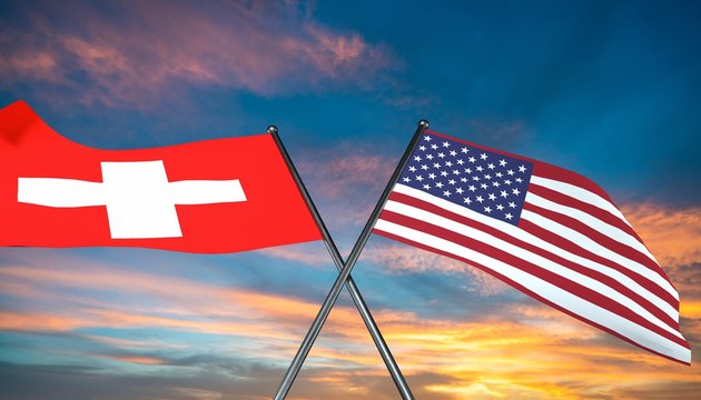 3D illustration of USA and Switzerland flag