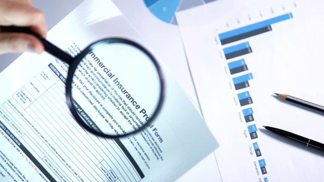 Client carefully studying commercial insurance proposal form conditions, closeup