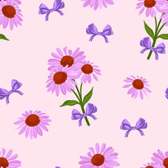 Bouquets of purple flowers with violet bows on pink background seamless pattern. Vector floral illustration in cartoon flat style.