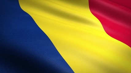 Flag of Romania. Realistic waving flag 3D render illustration with highly detailed fabric texture