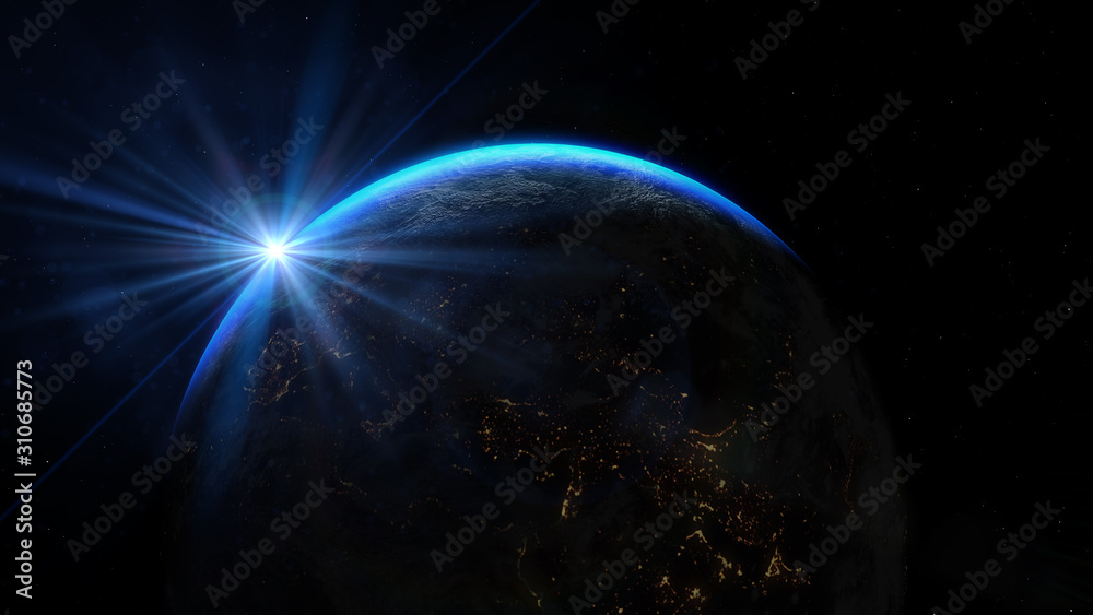 Wall mural planet earth from the space at night. sunrise illuminate the earth in outer space.