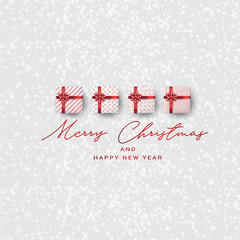 Fototapeta na wymiar Mery Christmas banner. Xmas and Happy New Year realistic design concept. Snow on white background, gift boxes with red bow and ribbon. Vector illustration.