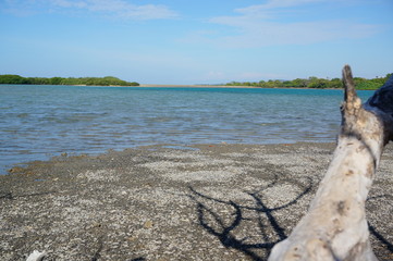 the atmosphere of the beach or the coast before the afternoon with calm waves and sunny weather set against the background of the high seas and mountains or plateaus