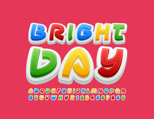 Vector colorful Emblem Bright Day. Creative Kids Font. Original Alphabet Letters and Numbers.