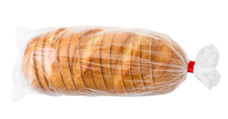 Loaf of sliced bread in a package on a white background. The view of top.