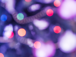 Christmas tree ornament on branches detail blur abstract background. Purple and pink tone