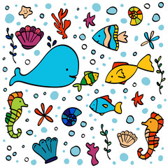 Set of cute sea animals doodle icons