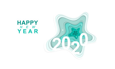 Happy new year 2020 banner in paper style for your seasonal holidays flyers, greetings and invitations, christmas themed congratulations and cards. Vector illustration.