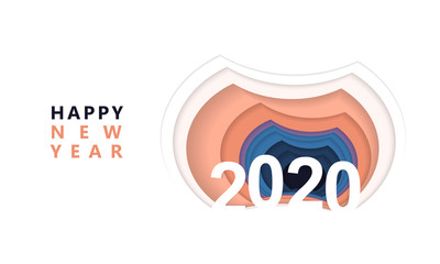 Happy new year 2020 banner in paper style for your seasonal holidays flyers, greetings and invitations, christmas themed congratulations and cards. Vector illustration.