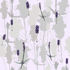 Abstract seamless pattern with lavender sprigs and plant silhouettes on a light pink background. Elements of gray shades are arranged vertically, randomly. Vector for textile, wallpaper, tile.