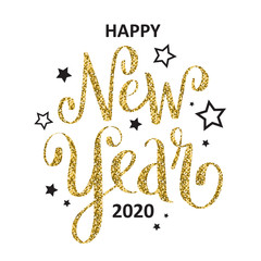HAPPY NEW YEAR 2020 gold brush calligraphy with stars