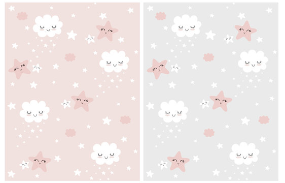 Fototapeta Cute Simple Seamless Patterns with White Fluffy Smiling Clouds and Stars on a Light Gray and Pink Background. Simple Nursery Art for Baby Girl. Print with Clouds and Stars Isolated on a Pink and Gray.
