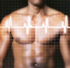 Man With Electrocardiogram Graph Superimposed On Chest