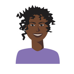 A man or woman isolated on white background for design, a flat cartoon vector stock illustration with black young or middle-aged character with curly hair
