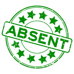 Grunge green absent word with star icon round rubber seal stamp on white background