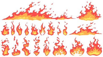 Cartoon fire flames. Fireball flame, red hot fire and campfire fiery silhouettes vector set. Burning effect, dangerous natural phenomenon. Blazing wildfire, bonfires isolated on white background © Tartila