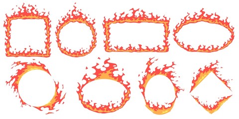 Cartoon fire frames. Hot banner, red flame frame and fire flames badge template vector set. Empty burning borders with copyspace. Blazing different geometric shapes isolated on white background