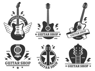 Guitar shop badges. Custom guitars shop emblem, guitar headstock and music instruments store badge vector illustration set. Musical company monochrome emblem designs pack. Musicians equipment sale