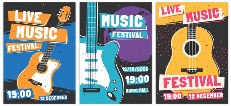 Music festival posters. Live acoustic guitar music concert poster, rock fest flyer and creative brochure template vector set. Rock n roll concert advertising banner concept. Entertainment event promo