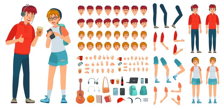 Teenager character constructor. Teenage boy, young girl character creation bundle and teenagers couple cartoon vector illustration set. Avatar creation kit with faces, body parts and accessories