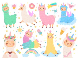 Cartoon llama unicorn. Happy magic color llamas unicorns, fluffy pink alpaca fur vector illustration set. Cute exotic animal stickers collection. Funny peruvian fauna with cartoon symbols