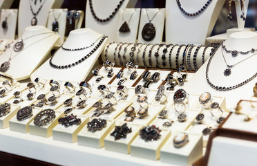 Womens jewelry from Czech garnet in a jewelry store