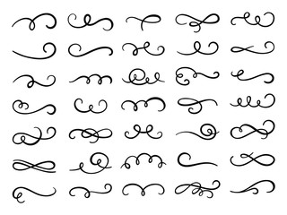 Calligraphic swirl flourish. Modern swirling flourishes, romantic card decorative swirl and wedding card decor curls swirles dividers vector set. Black curly thin lines, filigree ornaments collection