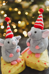 Little mouse toy, symbol of 2020. new year decoration. New Year 2020 Symbol. Greeting Christmas card.  Selective focus.