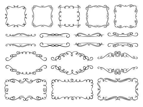 Calligraphy flourish frames. Vintage text frame decorated ornamental flourishes, ornate borders and swirling dividers vector set. Elegant empty frames with copyspace and filigree dividers pack
