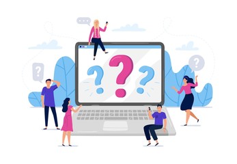 Online question answers search. Question sign on laptop computer screen, confused people asking questions vector illustration. Men and women using laptop, searching for problem solution on internet