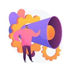Promotion. Cartoon man standing with loudspeaker. Advertisement, commercial, propaganda. Journalist flat character on white background. Vector isolated concept metaphor illustration