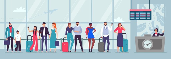 Queue to airport check-in. Travelers waiting in line, people wait for plane and person checking in airline departure area vector illustration. Airline transportation service. People going on vacation