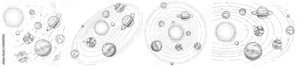 Wall mural sketch solar system. hand drawn planets orbits, planetary and earth orbit vector illustration set. a