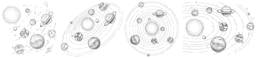 Foto op Canvas Sketch solar system. Hand drawn planets orbits, planetary and earth orbit vector illustration set. Astronomy themed coloring book drawings pack. Celestial bodies orbiting around sun in center © Tartila