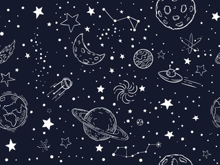 Cotton fabric Seamless night sky stars pattern. Sketch moon, space planets and hand drawn star vector illustration. Astronomy symbols decorative texture. Cosmic wallpaper, wrapping paper, textile outline design