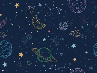 Tapeten Farbnahtloses Raummuster. Handgezeichnete Planeten, kosmische Galaxie-Textur und Doodle-Mond-Vektor-Illustration. Erforschung des Universums, Textur der Kosmossymbole. Bunte Tapeten, kosmisches Textildesign © Tartila