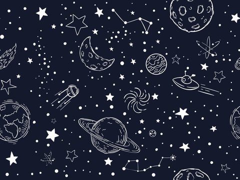 Seamless night sky stars pattern. Sketch moon, space planets and hand drawn star vector illustration. Astronomy symbols decorative texture. Cosmic wallpaper, wrapping paper, textile outline design