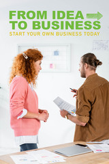 back view of two friends talking and doing paperwork in office with from idea to business illustration, startup concept