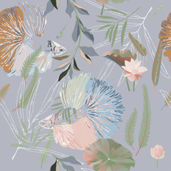 Endless pattern with fishes and algae. Water lilies and palm leaves vector illustration. Marine theme and style. Delicate pastel colors  background. The undersea world. Imitation of watercolor.