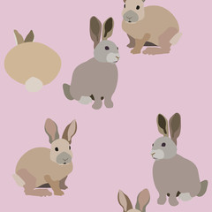 Three fluffy grey rabbits on a tender pink background seamless vector illustration. Picture with forest and domestic animals. Endless pattern.