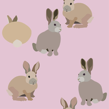 Three fluffy grey rabbits on a tender pink background seamless vector illustration. Picture with forest and domestic animals. Endless pattern.