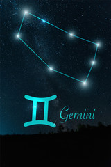 dark landscape with night starry sky and Gemini constellation