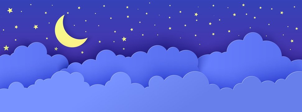 Night sky in paper cut style. 3d background with dark cloudy landscape with stars and moon papercut art. Cute cardboard origami clouds. Vector card for wish good night sweet dreams.