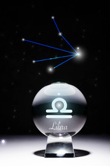 crystal ball with Libra zodiac sign isolated on black with constellation
